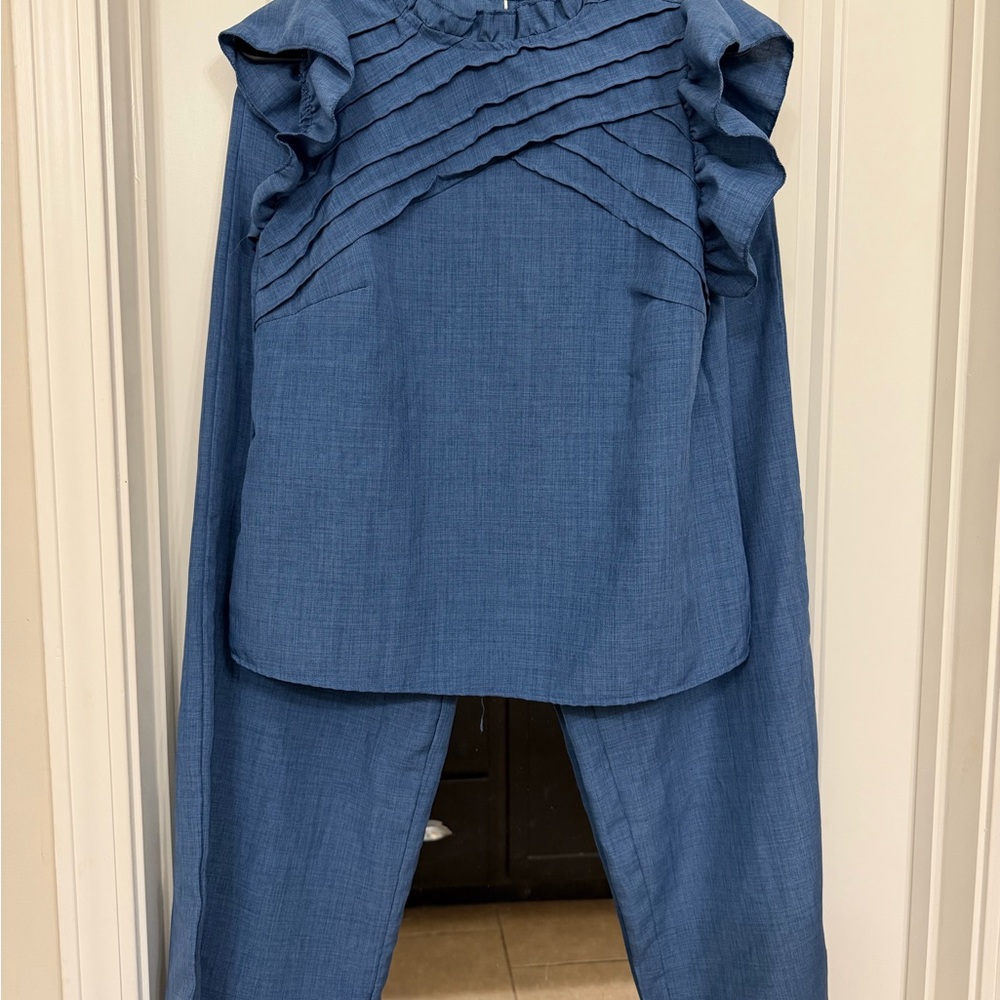 SHEIN Blue Ruffle-Accent Jumpsuit